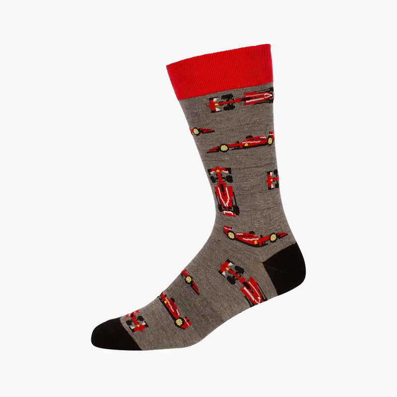 Grey Bamboozld sock with red f1 race car pattern