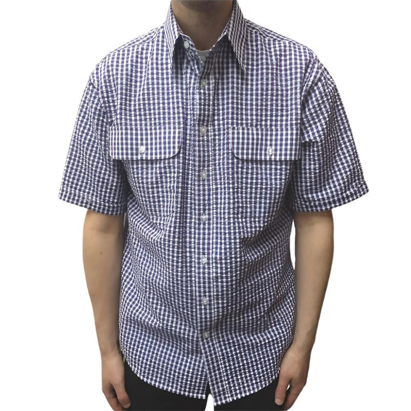 Front of Bisley Men's Short Sleeve Seersucker Check Shirt in Red