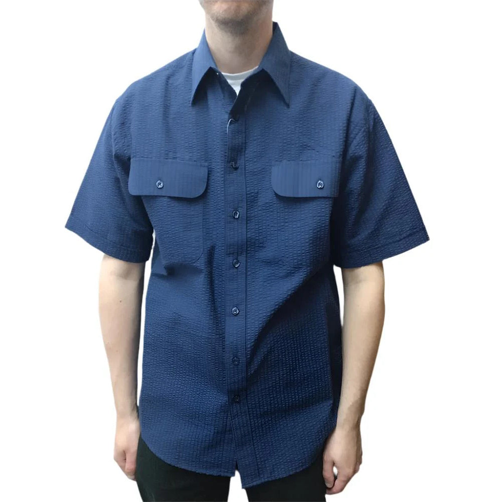 Bisley Men's Short Sleeve Seersucker Stripe Shirt in Dark Blue