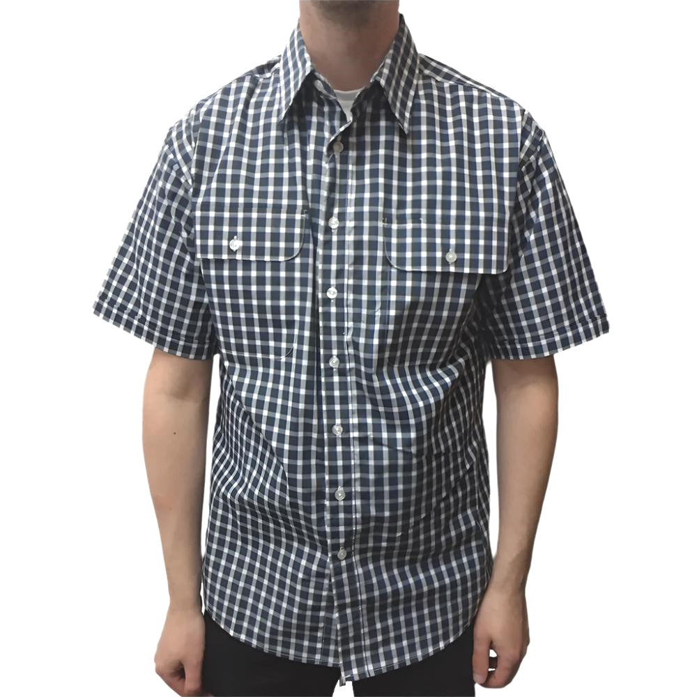 Model wearing Bisley Mens Short Sleeve Small Check Shirt in Green/Blue