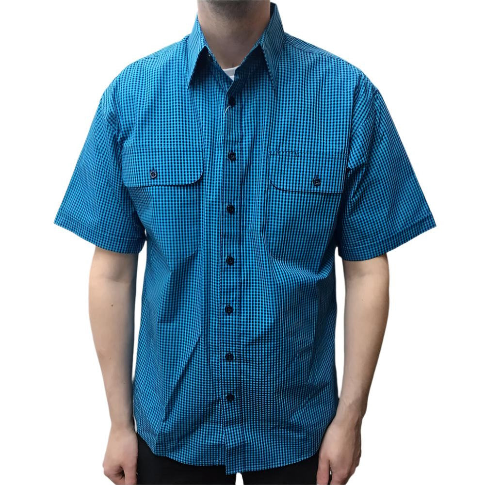 Front of Sea Blue Bisley Men's Short Sleeve Small Check Shirt