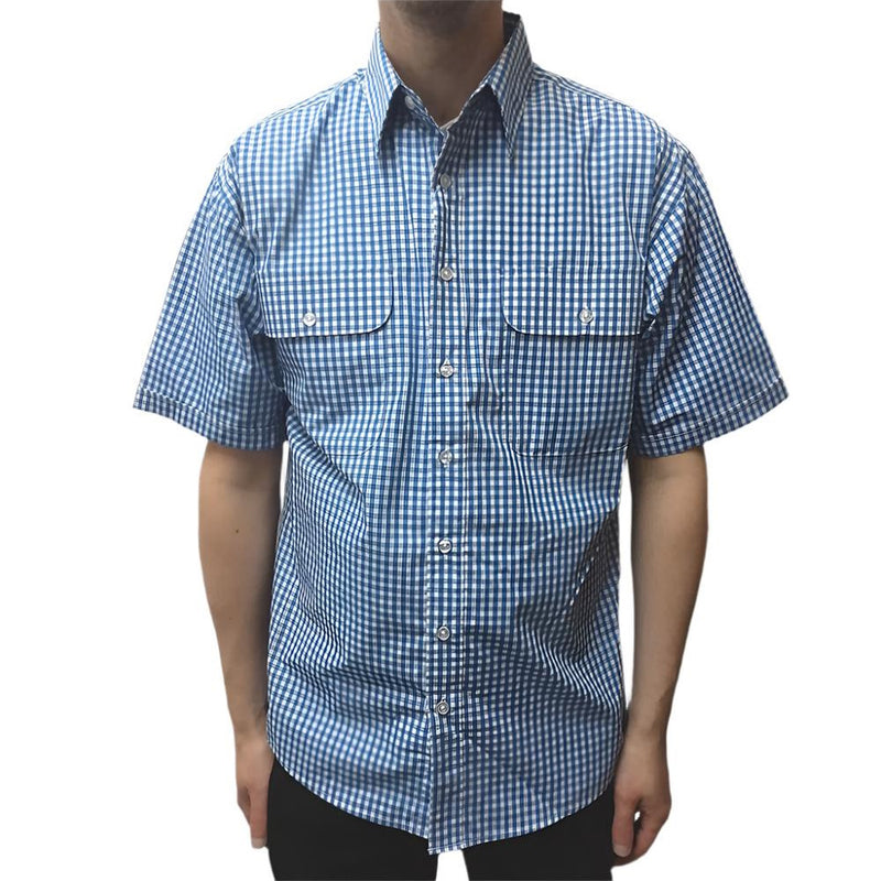 Front of Bisley Men's Short Sleeve Small Check Shirt in Light Blue