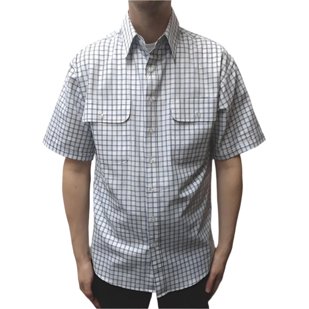 Model wearing White Bisley Men's Short Sleeve Cotton Medium Check Shirt