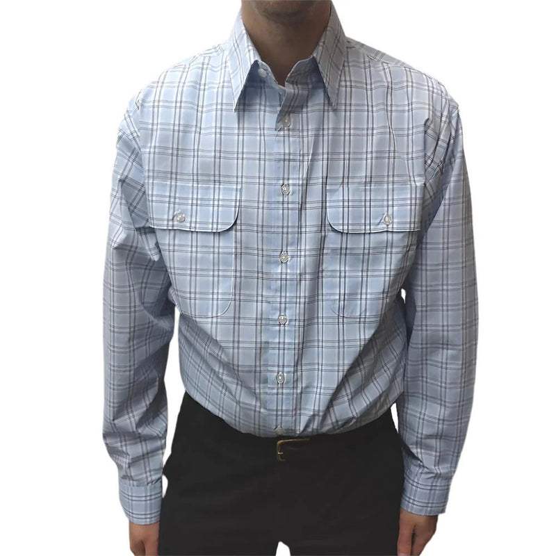 Model wearing Bisley Men's Long Sleeve Medium Check Shirt in Sky Blue