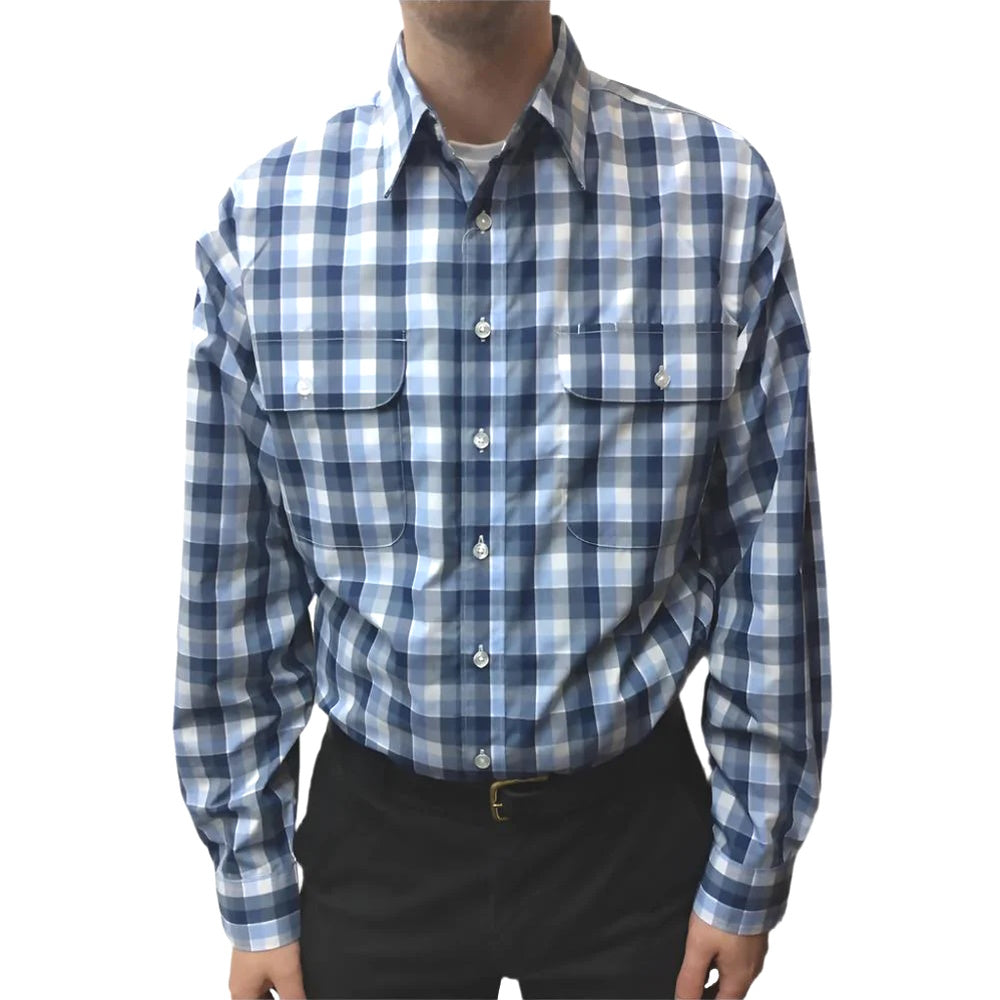 Model wearing Bisley Mens Long Sleeve Medium Check Shirt in Blue