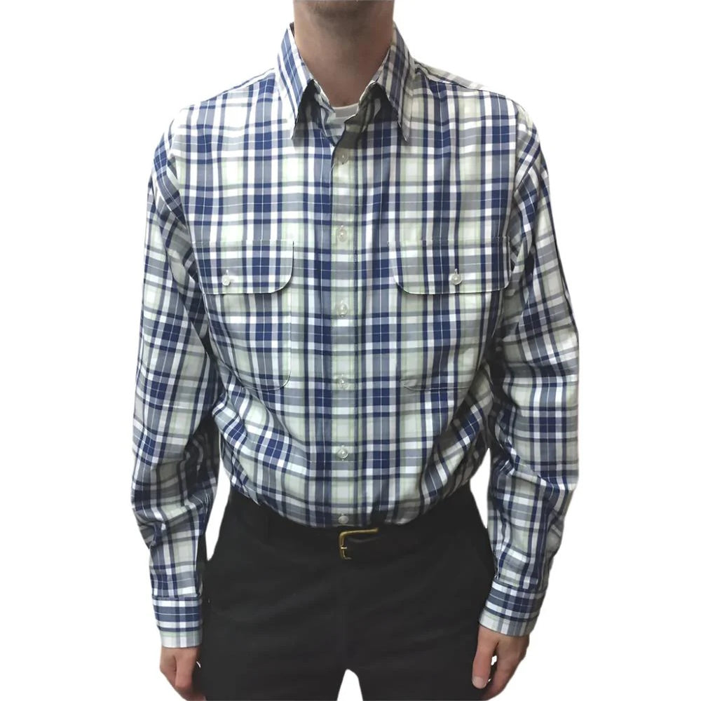 Model wearing Bisley Men's Long Sleeve Cotton Medium Check Shirt in Navy