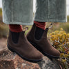 Close up of Blundstone 2410 suede boots being worn by person standing on a rock