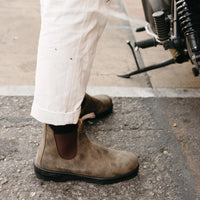 Person standing in Blundstone 585 Urban Boots next to motorbike