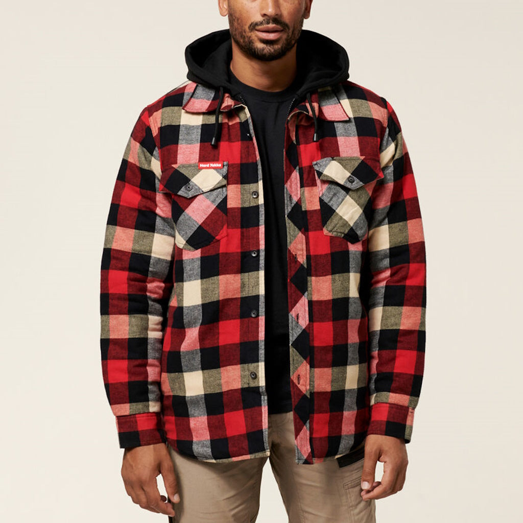 Front of Hard Yakka Mens Quilted Flannel Shacket in Red
