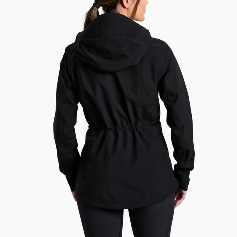 Back of Black hooded Kuhl women's jacket