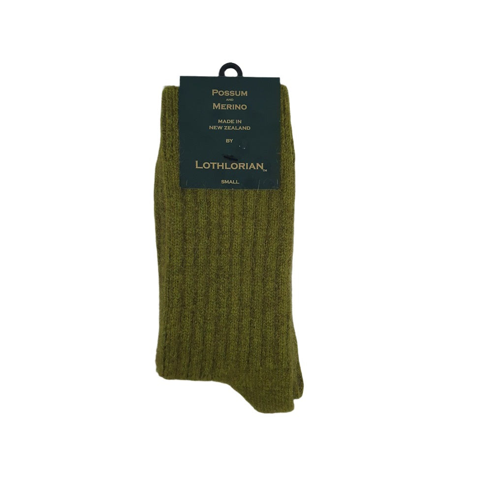 Lothlorian Possum Merino Casual Rib Socks in Olive