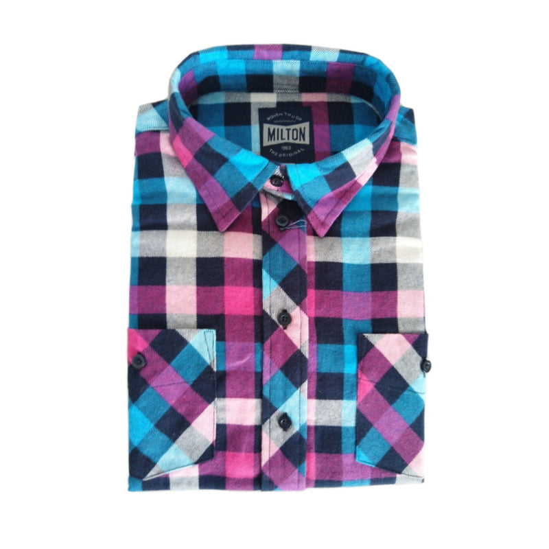 Milton Womens Full Button Flannelette Shirt in Navy/Pink/Blue