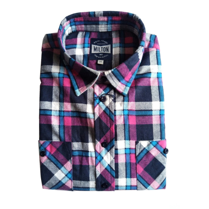 Milton Womens Full Button Flannelette Shirt in Pink/White/Blue