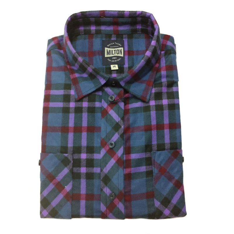 Milton Womens Full Button Flannelette Shirt in Purple/Navy/Red