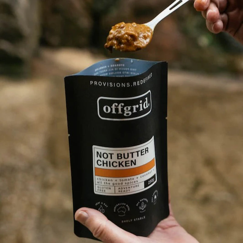 Eating out of Offgrid Not Butter Chicken packet