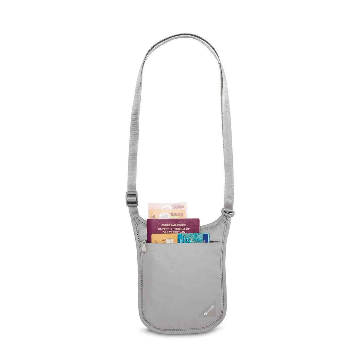 Pacsafe Coversafe V75 RFID Blocking Neck Pouch in Grey with documents inside