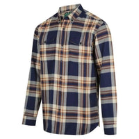 Front of Ridgeline Organic Check Long Sleeve Shirt in Navy/Brown