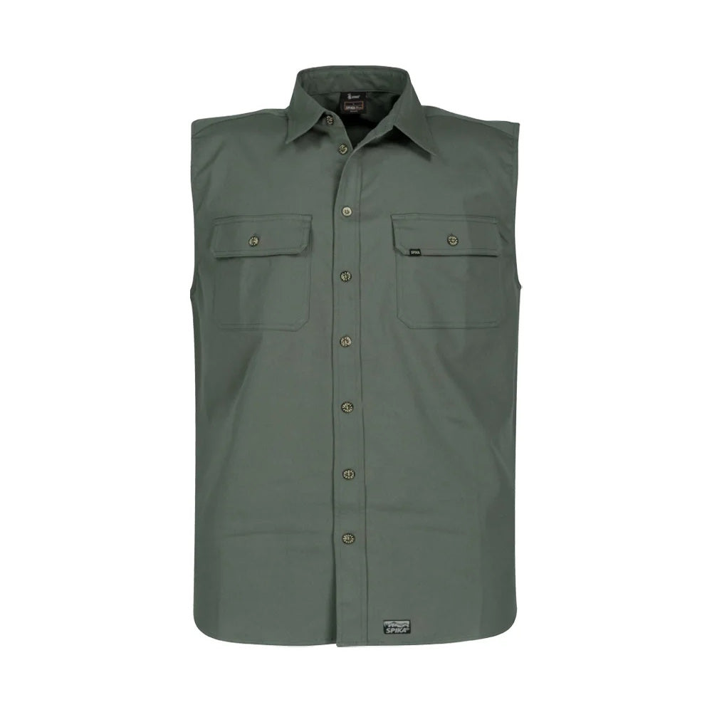 Front of Spika Mens GO Sleeveless Work Shirt in Washed Green