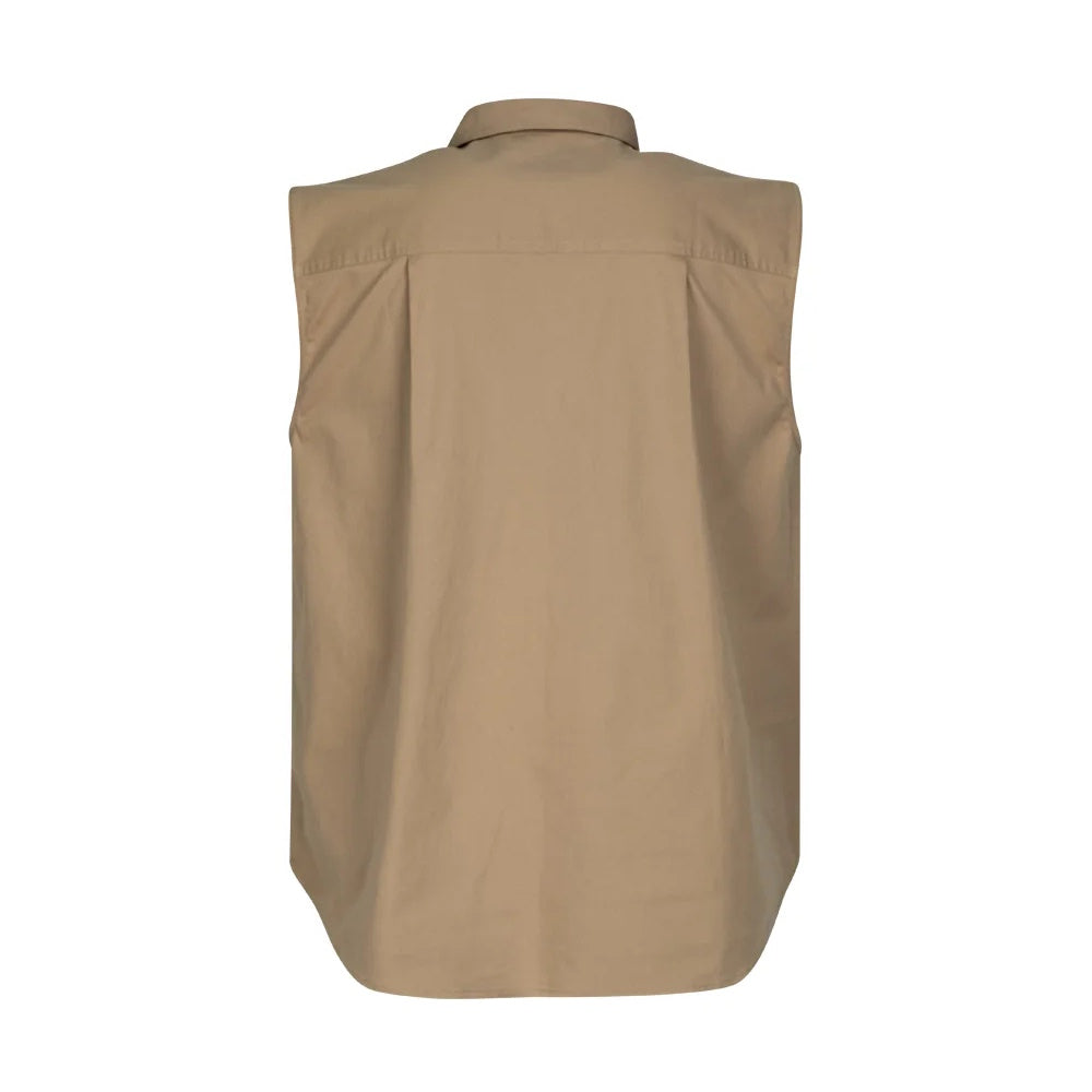 Back view of Spika Mens GO Sleeveless Work Shirt in Tan