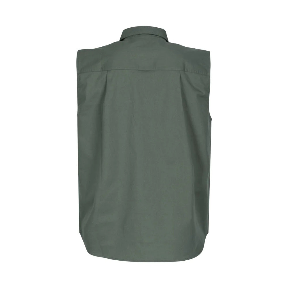 Back of Spika Mens GO Sleeveless Work Shirt in Washed Green