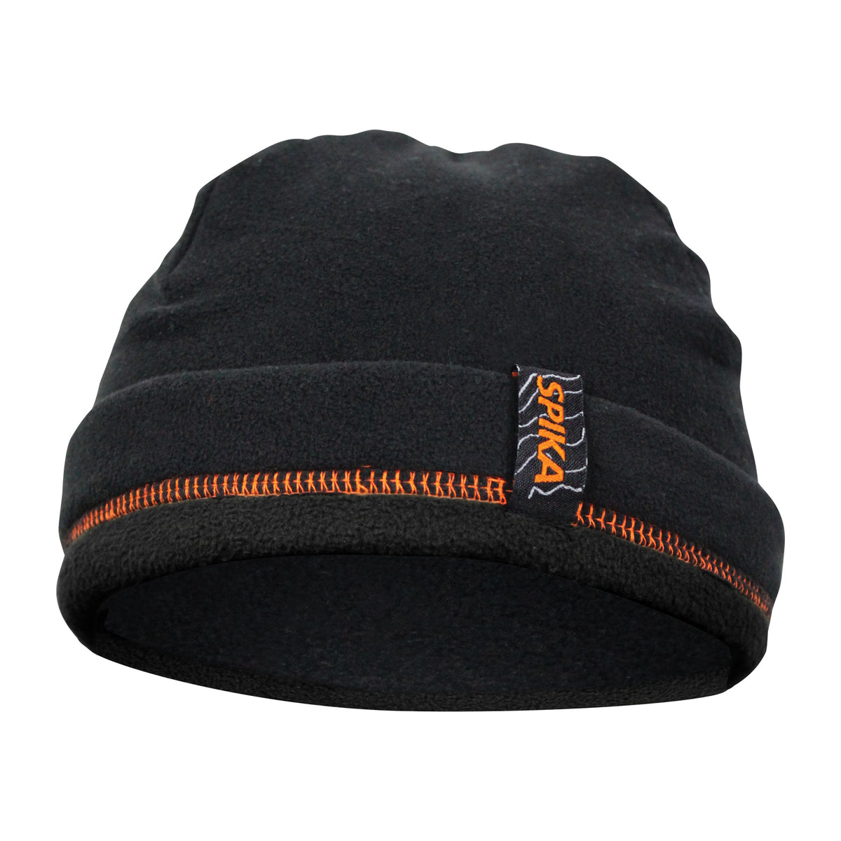 Black beanie with orange stitching with Spika logo