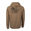 Brown Spika hoodie with a graphic campsite design on the back