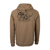 Brown Spika hoodie with a graphic campsite design on the back