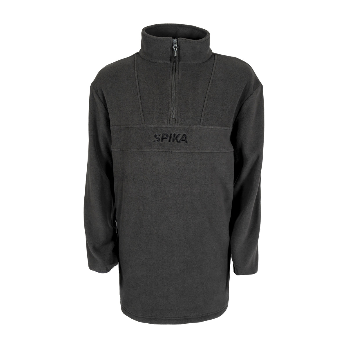 Dark gray fleece pullover with a quarter zip and Spika branding