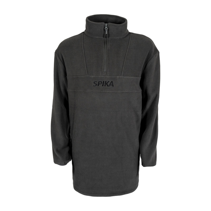 Dark gray fleece pullover with a quarter zip and Spika branding