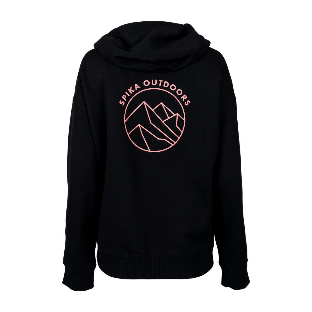 Black Spika hoodie with Spika Outdoors logo on back