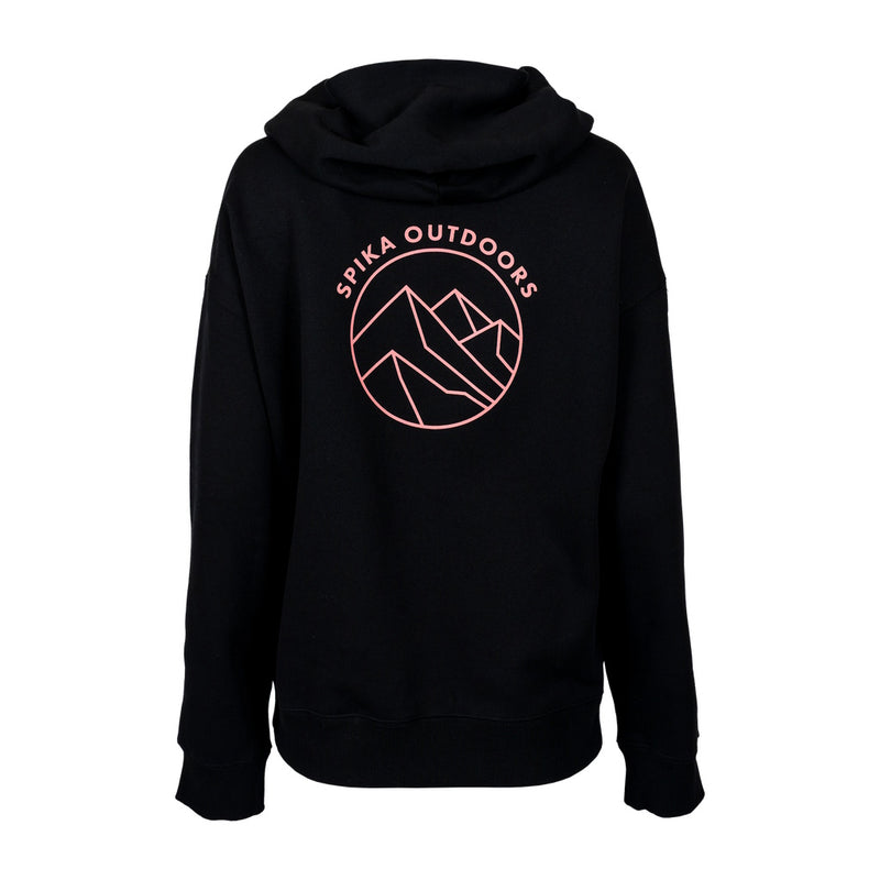 Black Spika hoodie with Spika Outdoors logo on back