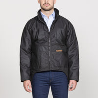 Front view of man wearing Styx Mill Oilskin Brown Long Sleeve Classic Jacket