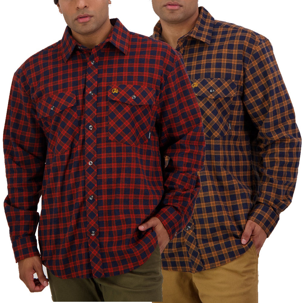 Swanndri Mens Egmont Full Button Flannelette Shirt Twin Pack in Red Lattice & Toffee Lattice