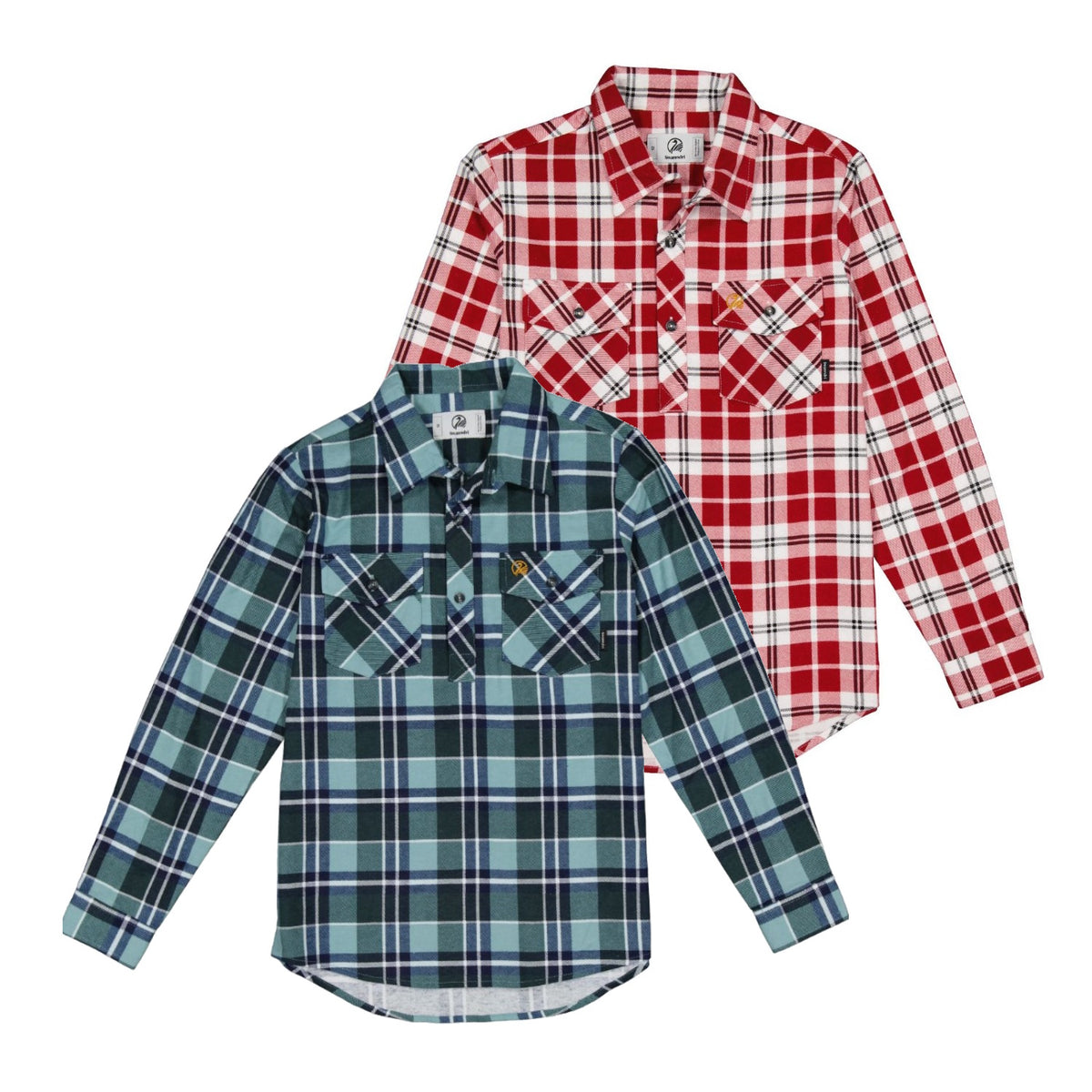 Swanndri Kids Egmont Half Button Flannelette Shirt Twin Pack in Sage & Country Red