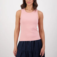 Model wearing Swanndri Women's Daisy Ribbed Singlet in Marshmallow Pink