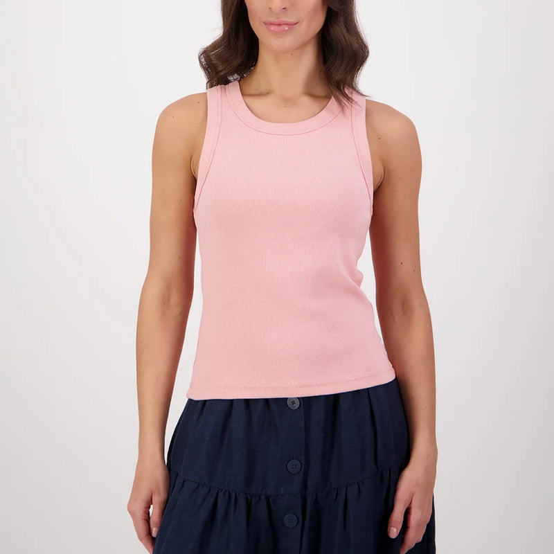 Model wearing Swanndri Women's Daisy Ribbed Singlet in Marshmallow Pink