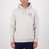 Person wearing a light grey Swanndri hoodie with a logo