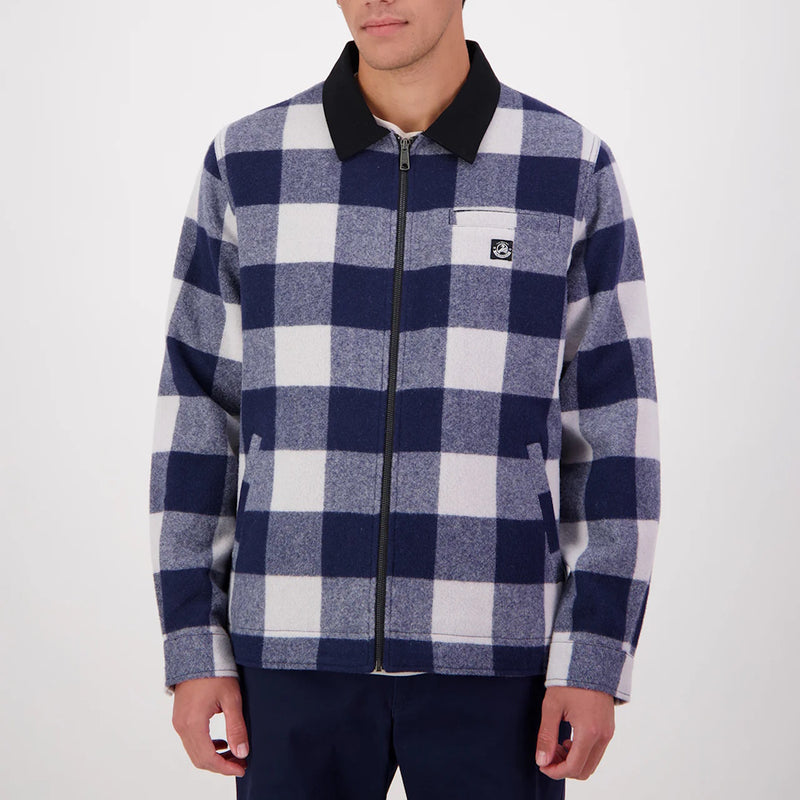 Person wearing a blue and white checkered Swanndri Liverpool jacket 