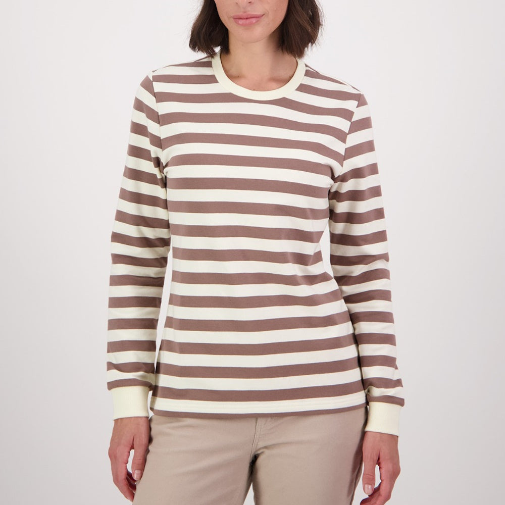 Front of Swanndri Womens Papamoa Long Sleeve Stripe T-Shirt in Walnut