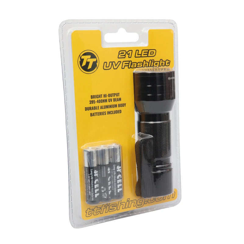 Tackle Tactics 21 LED UV Flashlight packaging with batteries