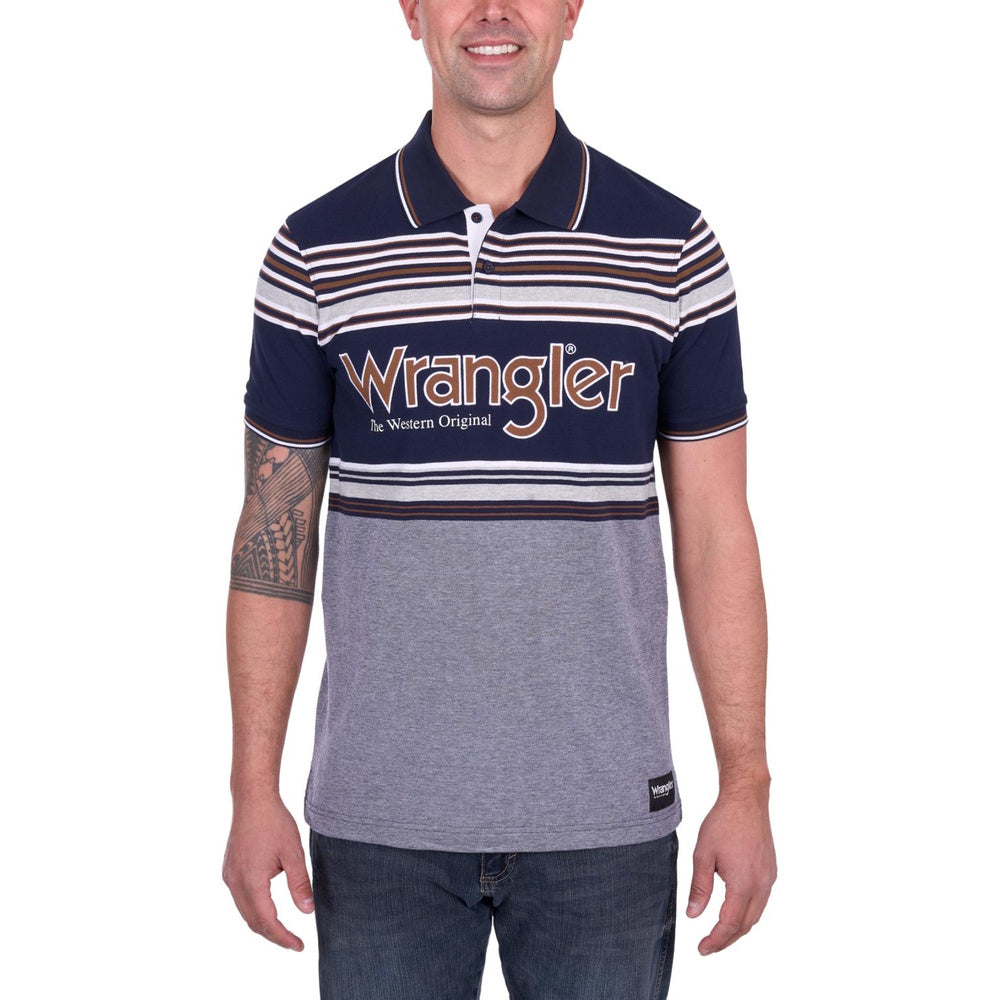 Man wearing a striped Wrangler polo shirt