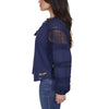 Woman wearing a navy blue Wrangler blouse with lace details