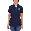 Navy blue polo shirt with Wrangler logo worn by a woman