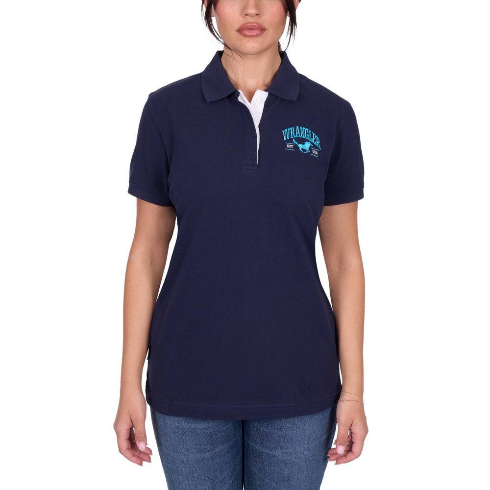 Navy blue polo shirt with Wrangler logo worn by a woman