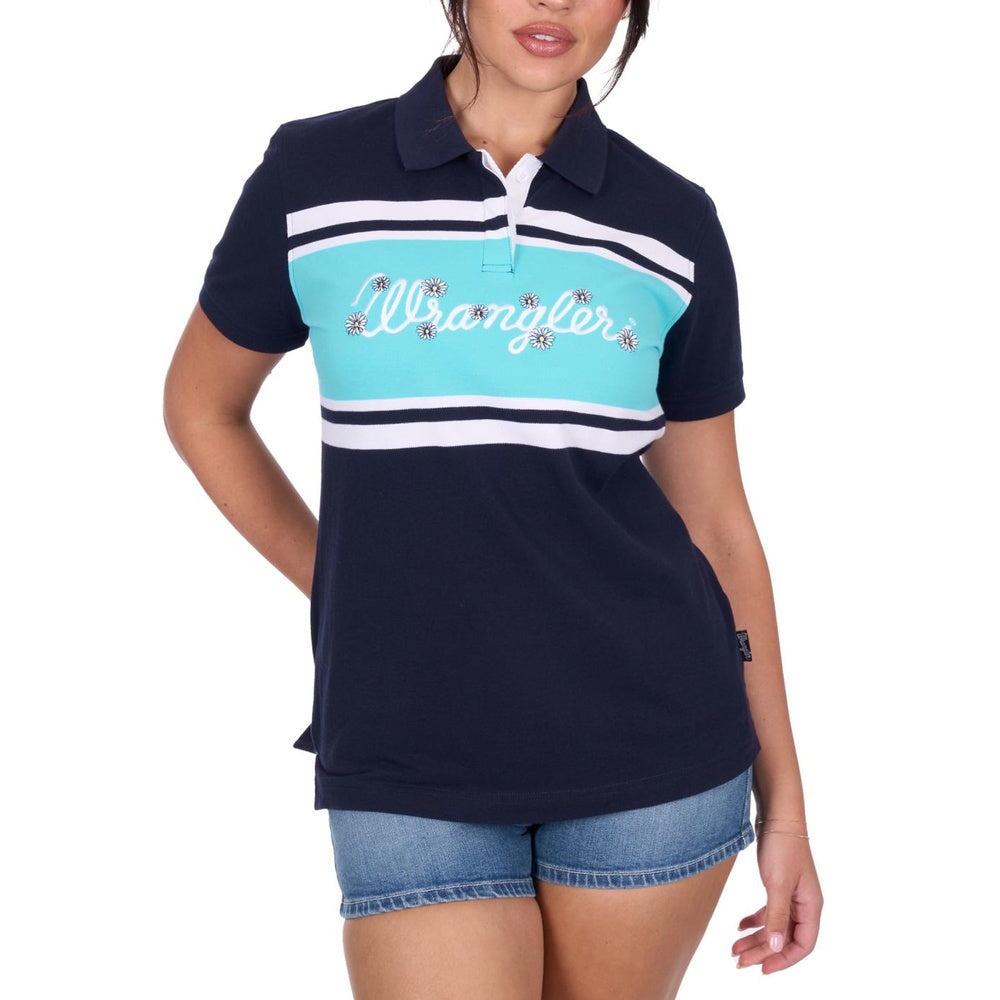 Navy blue and turquoise striped polo shirt with 'Wrangler' logo worn by a woman