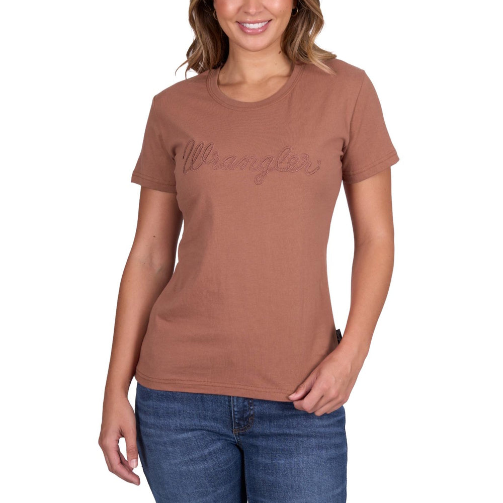 Woman wearing a copper Wrangler t-shirt