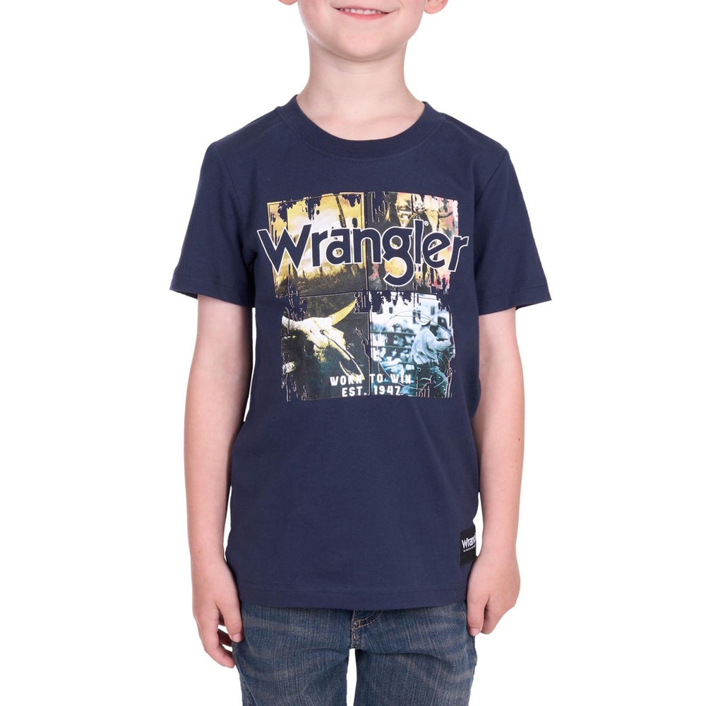 Child wearing a navy blue Wrangler t-shirt with graphic design