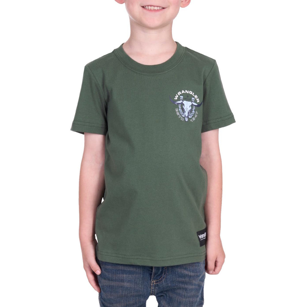Child wearing a green Wrangler t-shirt with a logo