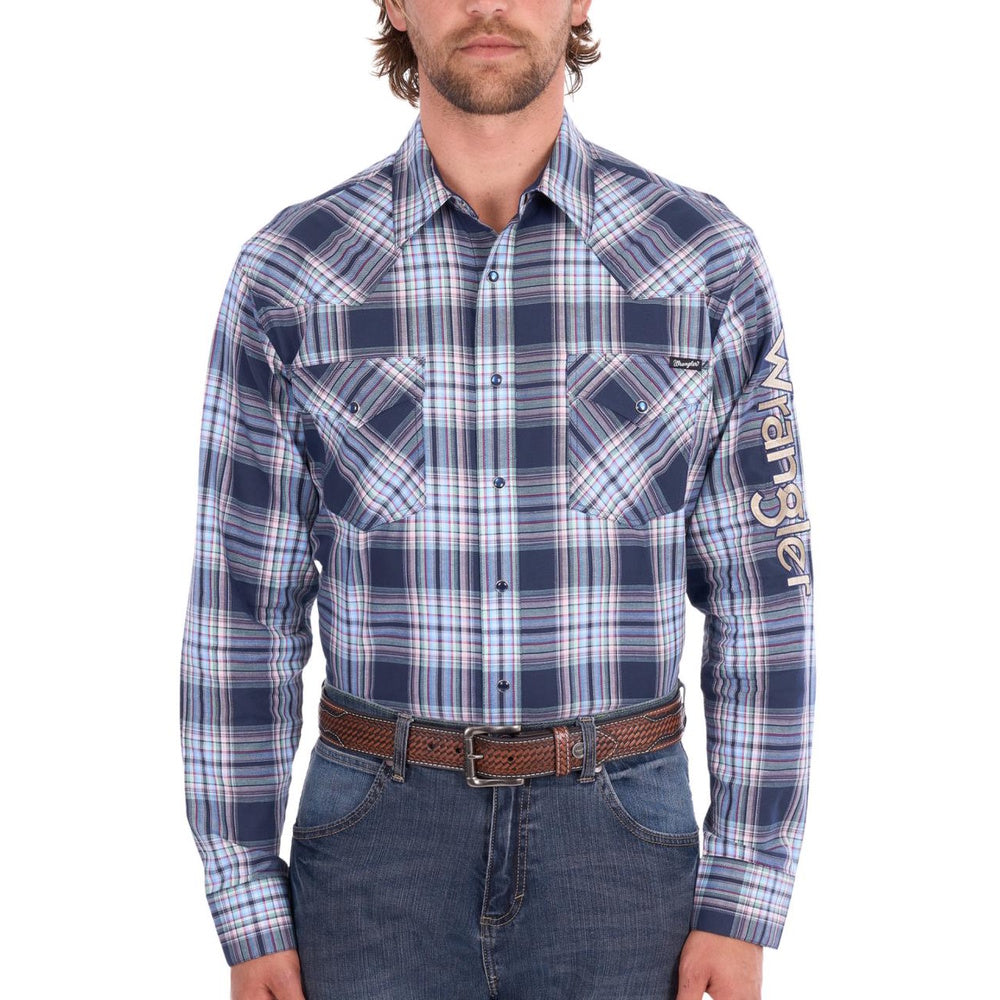 Wrangler® Mens Mario Check Logo Western Long Sleeve Shirt