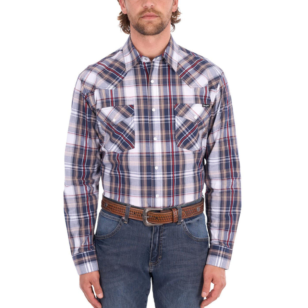 Wrangler® Mens Shaun Check Logo Western Long Sleeve Shirt